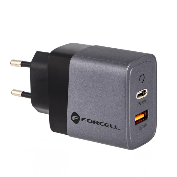 Szybka Ładowarka Sieciowa USB-A / USB-C 3A Forcell 45W PD QC 4.0, szara do Galaxy S23 S24 Ultra