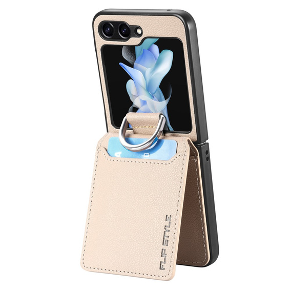 Etui do Samsung Galaxy Z Flip7 FE / Z Flip6, Card Slot Ring Case, beżowe