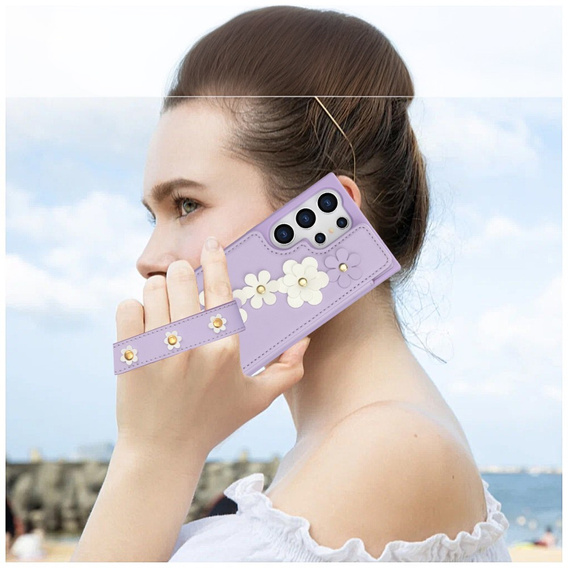 Etui do Samsung Galaxy S24 Ultra, Leather Flower Card Slot, fioletowe