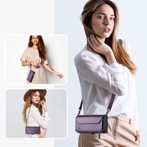 Etui CASEME do Samsung Galaxy A55 5G, RFID Leather Wallet, z paskiem na ramię, fioletowe
