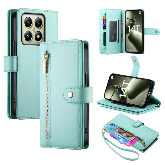 Etui z klapką do Xiaomi 14T, Wallet Zipper Pocket, zielone