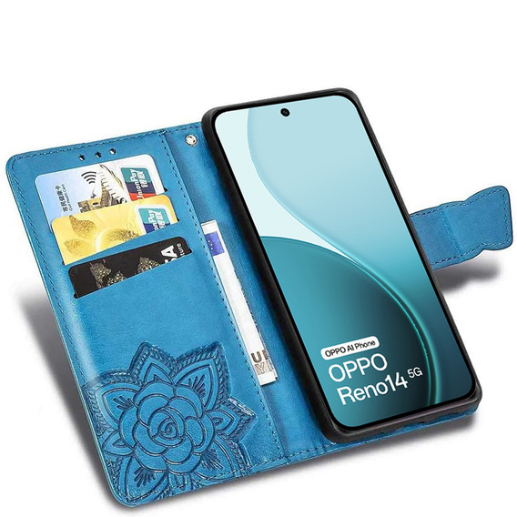 Etui z klapką do Oppo Reno 14, Motyl, portfelowe, niebieskie