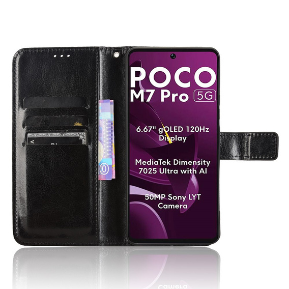 Etui z klapką do Xiaomi Poco M7 Pro 5G, Crazy Horse Wallet, czarne