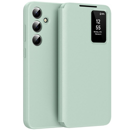 Etui do Samsung Galaxy A56 5G – skórzane z okienkiem Smart View i kieszenią na kartę, zielone