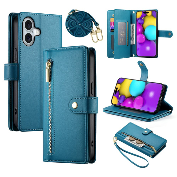 Etui z klapką do iPhone 16, Wallet Zipper Pocket, niebieskie
