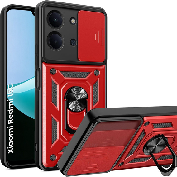 Etui pancerne do Xiaomi Redmi 15C 4G/LTE, z ochroną aparatu, z podstawką, czerwone