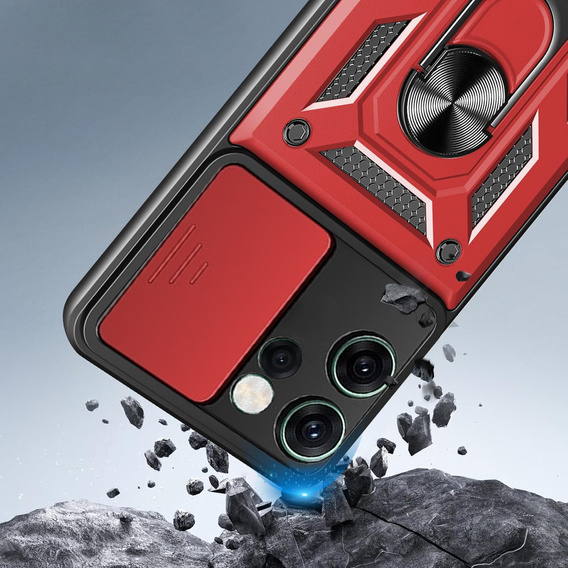 Etui pancerne do Oppo Reno 14F, z ochroną aparatu, z podstawką, czerwone