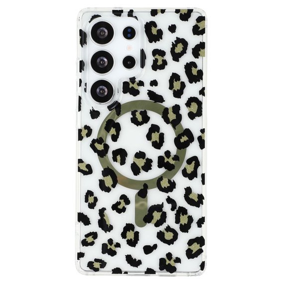 Etui magnetyczne do Samsung Galaxy S25 Ultra – przezroczyste z nadrukiem panterki, czarne