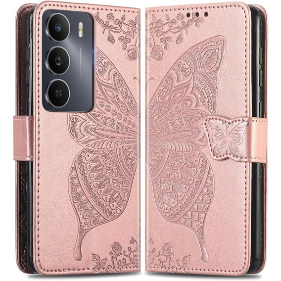 Etui z klapką do Realme 14X / Realme C75, Butterfly, różowe rose gold