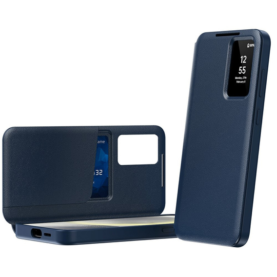 Etui do Samsung Galaxy A56 5G – skórzane z okienkiem Smart View i kieszenią na kartę, niebieskie