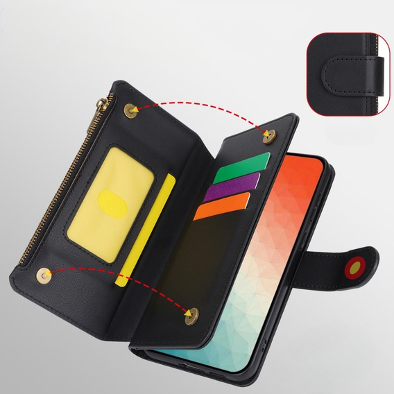 Etui z klapką do Samsung Galaxy S24, Wallet Zipper Pocket RFID, z paskiem na ramię, czarne