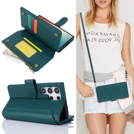Etui z klapką do Samsung Galaxy S24 Ultra, Wallet Zipper Pocket RFID, z paskiem na ramię, zielone