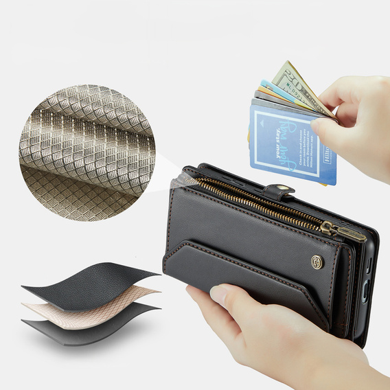 Etui CASEME do Samsung Galaxy S25 FE, RFID Leather Wallet, z paskiem na ramię, czarne
