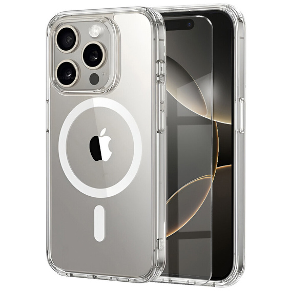 Etui do iPhone 16 Pro, do MagSafe, ERBORD Hybrid, przezroczyste + Szkło na ekran
