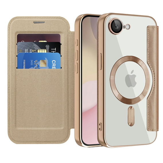 Etui z klapką do iPhone 16E, RFID Wallet MagSafe z ochroną aparatu, złote
