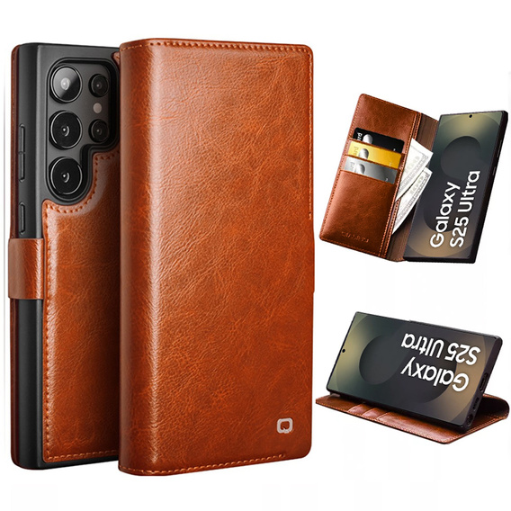 Etui z klapką do Samsung Galaxy S25 Ultra, QIALINO Leather Wallet, brązowe