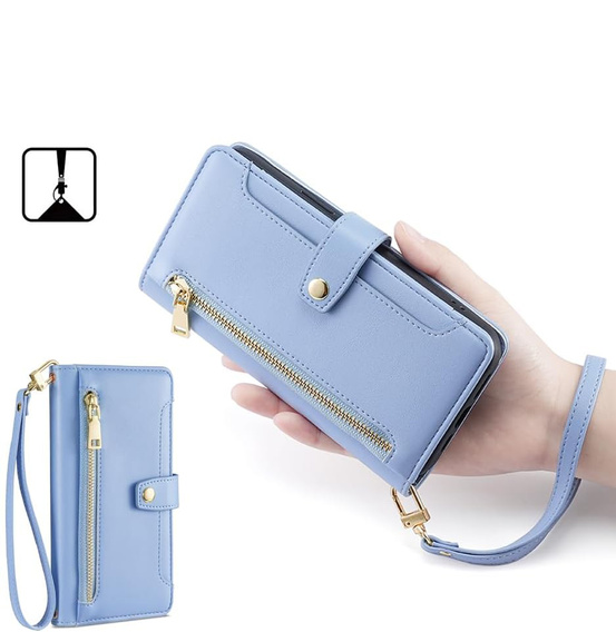 Etui z klapką do iPhone 16E, Wallet Zipper Pocket, niebieskie