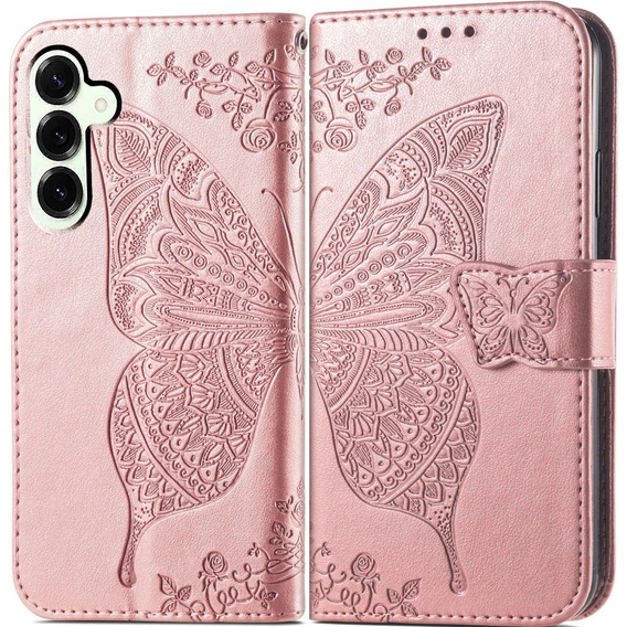 Etui z klapką do Samsung Galaxy S25 FE, Butterfly, różowe rose gold