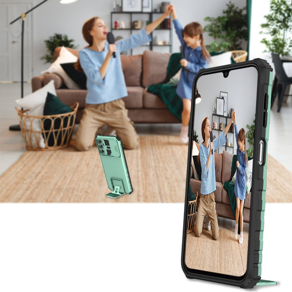 Etui pancerne do Samsung Galaxy A14 4G/5G, Camshield z podstawką, Zielone