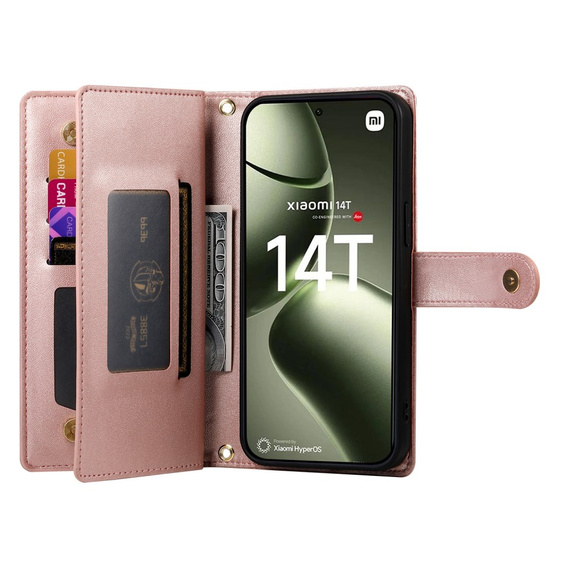 Etui z klapką do Xiaomi 14T, Wallet Zipper Pocket, różowe