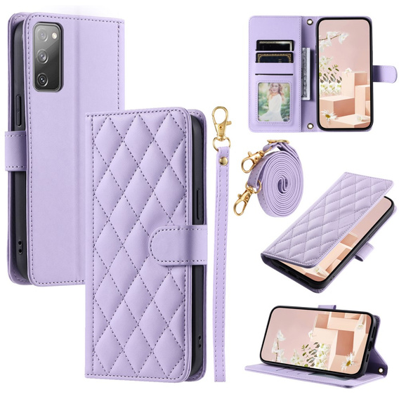 Etui z klapką do Samsung Galaxy S20 FE, Rhombus Crossbody Leather, fioletowe