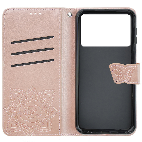 Etui z klapką do Xiaomi Poco F6 Pro, Butterfly, różowe rose gold