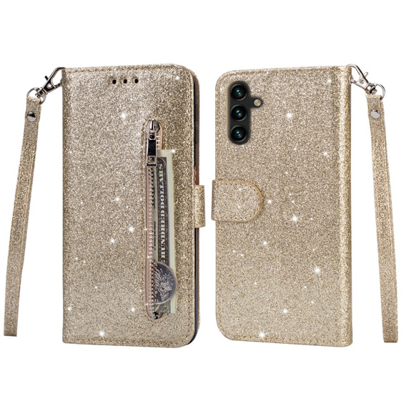 Etui z klapką do Samsung Galaxy A55, Wallet Zipper Pocket Glittery, złote