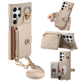 Etui do Samsung Galaxy S25 Ultra – z klapką, paskiem i kieszenią, beżowe