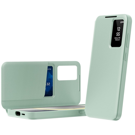 Etui do Samsung Galaxy A56 5G – skórzane z okienkiem Smart View i kieszenią na kartę, zielone