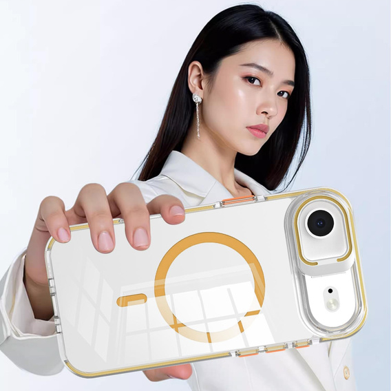 Etui do iPhone 17 Air, do MagSafe, z podstawką, transparentne ze złotymi wstawkami
