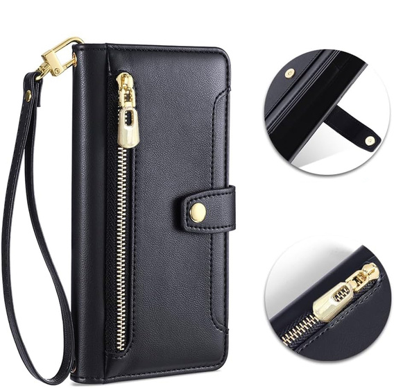 Etui z klapką do iPhone 16E, Wallet Zipper Pocket, czarne