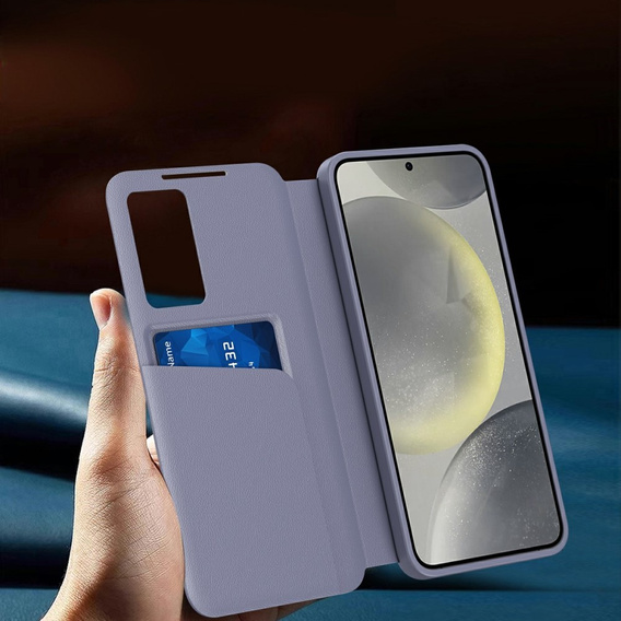 Etui do Samsung Galaxy S25 Edge – skórzane z okienkiem Smart View i kieszenią na kartę, fioletowe