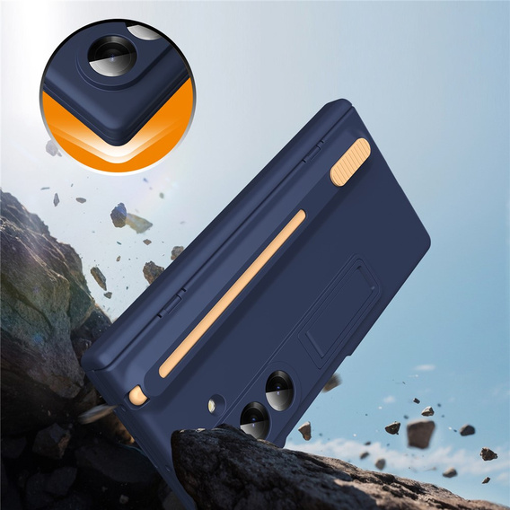 Etui do Samsung Galaxy Z Fold7 5G, z podstawką, szkłem i rysikiem - granatowe