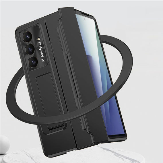 Etui z podstawką do Samsung Galaxy Z Fold7 5G, z ochroną zawiasu, szkłem i rysikiem - czarne