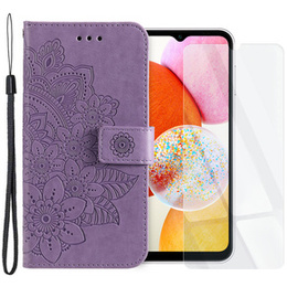 Zestaw Etui z klapką do Samsung Galaxy A14 4G/5G, portfel Mandala i kwiaty, fioletowe + szkło