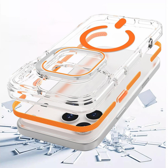 Etui do iPhone 17 Pro, do MagSafe, z podstawką, transparentne z pomarańczowymi wstawkami