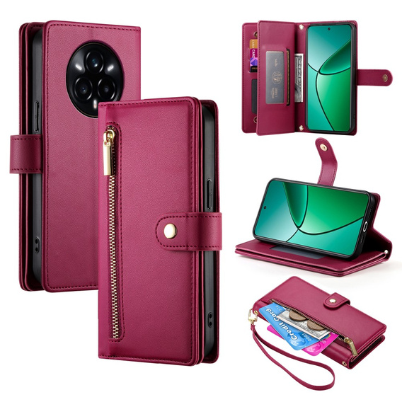 Etui z klapką do Realme 14 Pro 5G, Wallet Zipper Pocket, czerwone