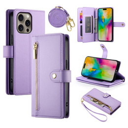 Etui z klapką do iPhone 16 Pro Max, Wallet Zipper Pocket, fioletowe
