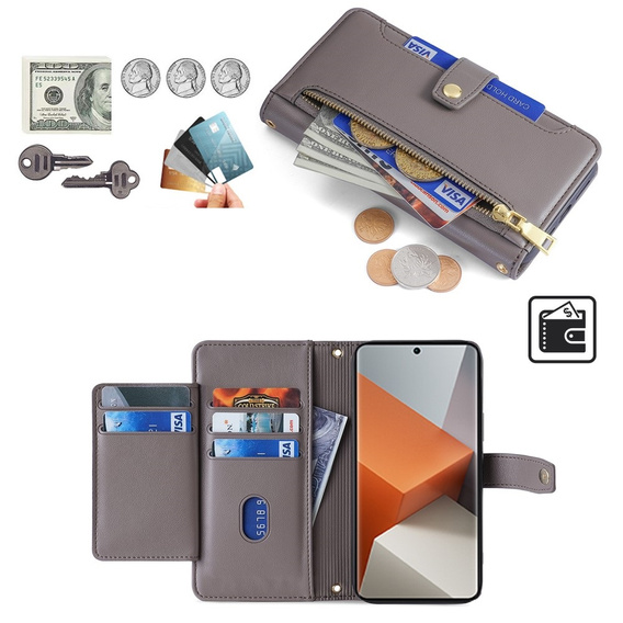 Etui z klapką do Xiaomi Redmi Note 13 Pro+, Wallet Zipper Pocket, szare