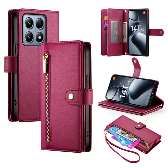 Etui z klapką do Xiaomi 14T Pro, Wallet Zipper Pocket, czerwone