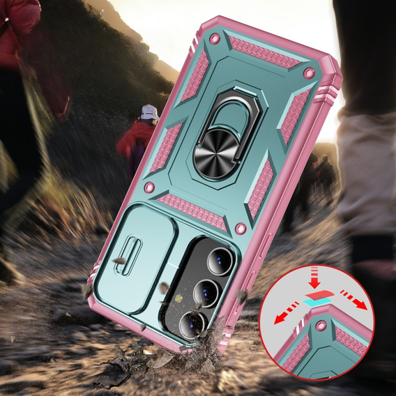 Etui pancerne do Samsung Galaxy S24+ Plus, CamShield Slide, zielone / różowe