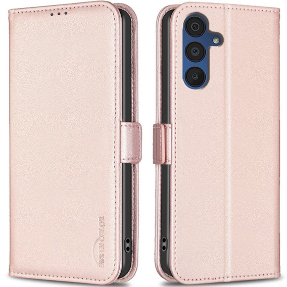 Etui z klapką do Samsung Galaxy A15, BINFEN Wallet, różowe rose gold + szkło 9H