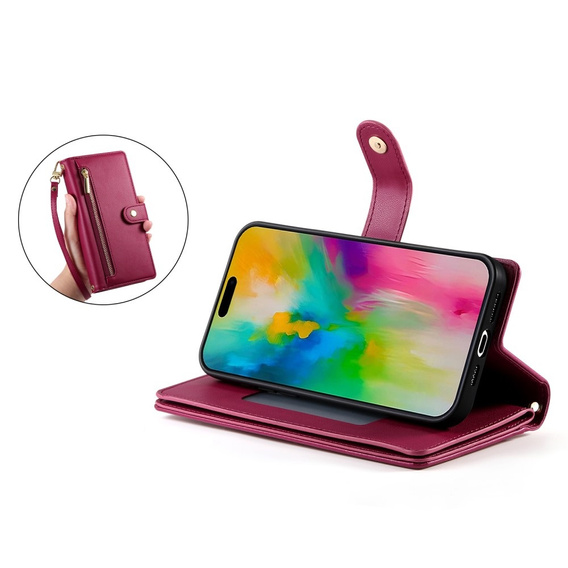 Etui z klapką do iPhone 16 Pro, Wallet Zipper Pocket, czerwone