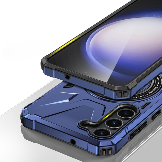 Etui do Samsung Galaxy S24, pancerne z podstawką i blaszką do uchwytu, niebieskie