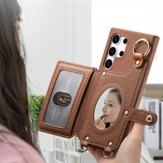 Etui do Samsung Galaxy S25 Ultra – z klapką, kieszeniami i paskiem, brązowe
