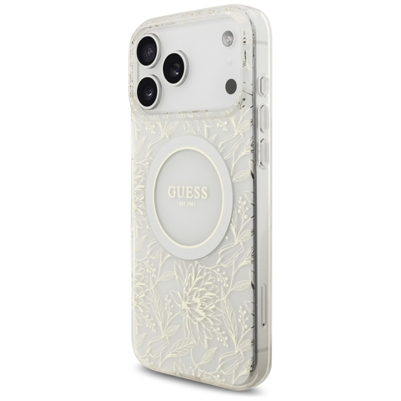 Etui Guess IML Flowers Electroplated Allover With Beads Strap, do MagSafe, z paskiem do iPhone 17 Pro Max