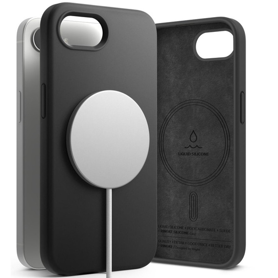 Etui Ringke do iPhone 16E, Silicone MagSafe, Czarne + Szkło Hartowane 9H