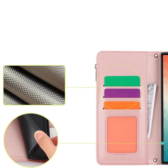 Etui z klapką do Samsung Galaxy S24 Ultra, Wallet Zipper Pocket RFID, z paskiem na ramię, różowe rose gold