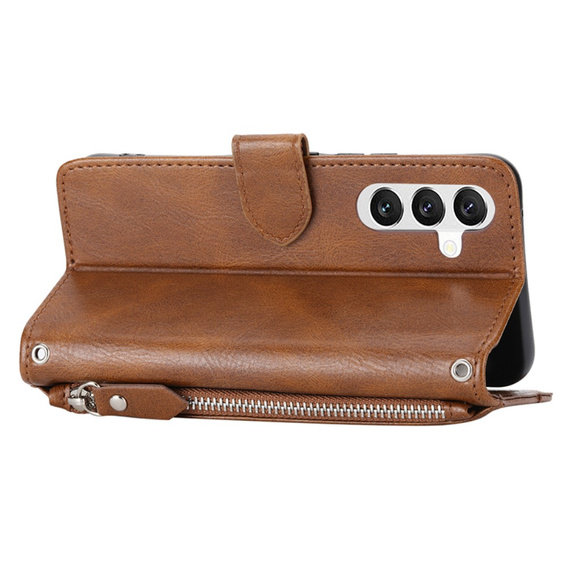 Etui z klapką do Samsung Galaxy A25 5G, Wallet Zipper Pocket, z paskiem na ramię, brązowe
