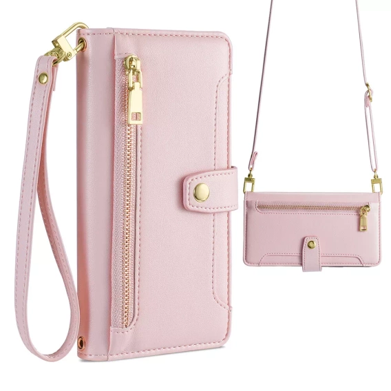 Etui z klapką do iPhone 16E, Wallet Zipper Pocket, różowe